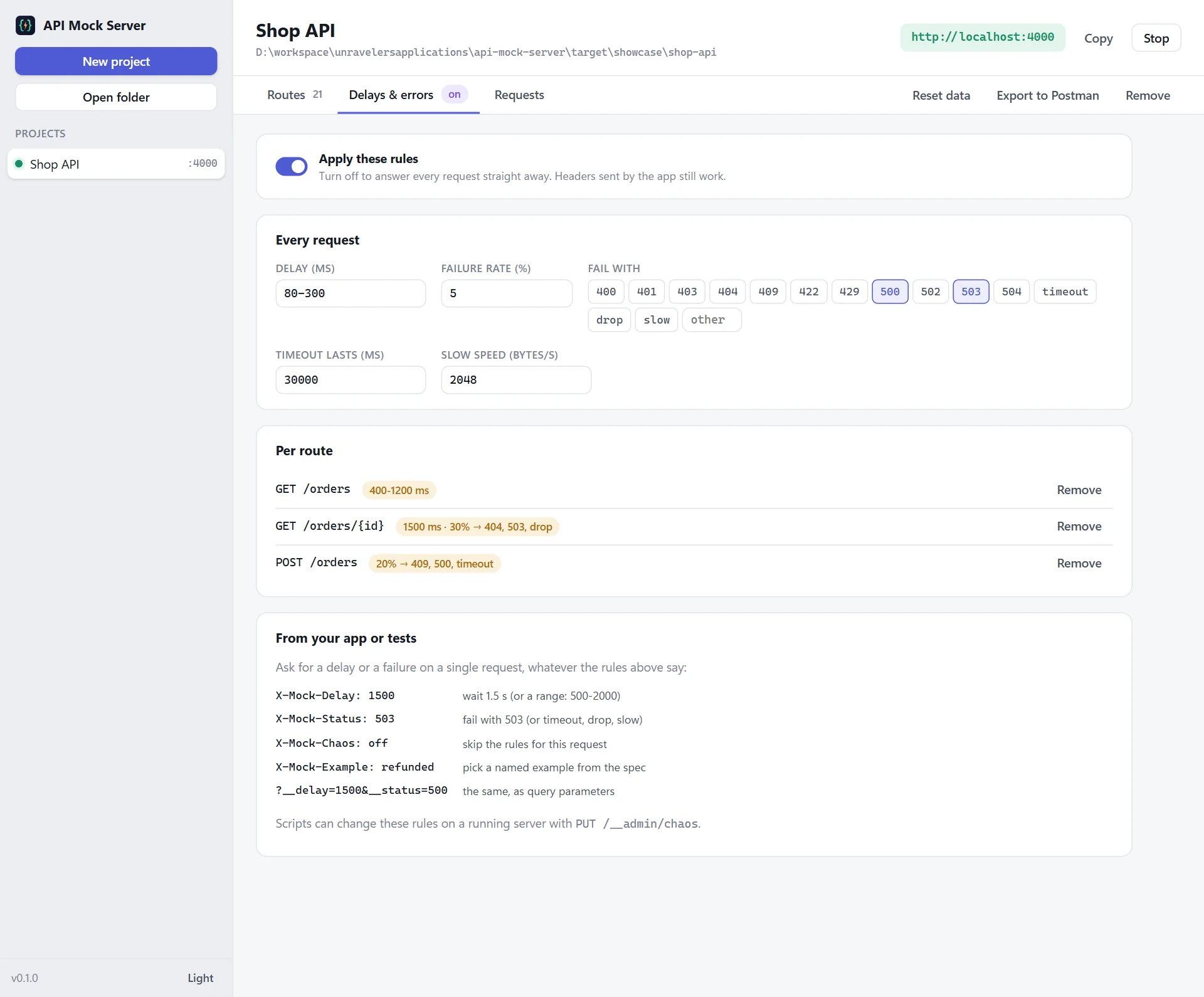 All delay and error rules in one place: rules for every request, rules for single routes, and the headers your app can send