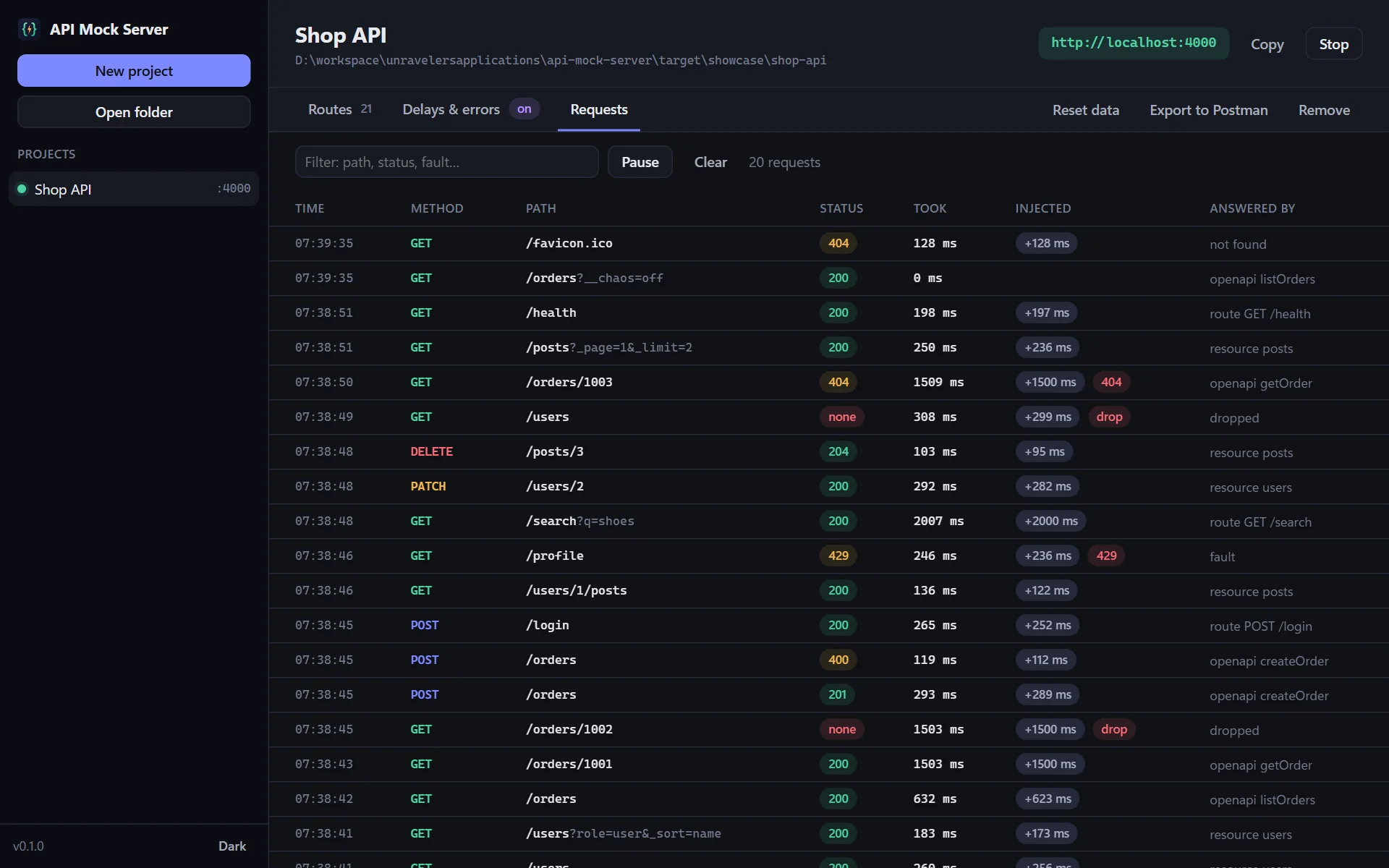 The API Mock Server request list in dark mode, showing status, time, injected delay and errors for each call