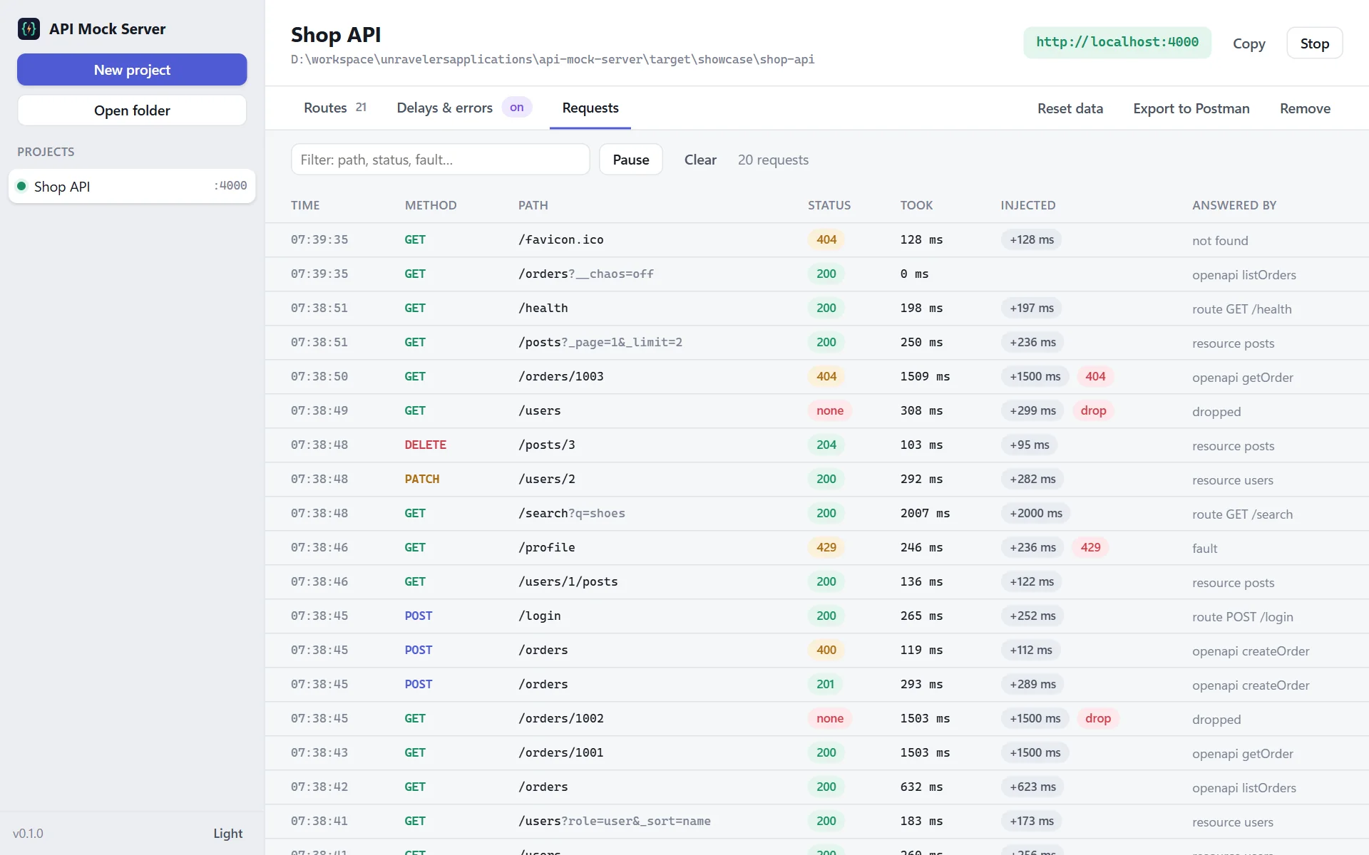 API Mock Server showing every request as it arrives: the status, how long it took, the delay added and any error that was injected
