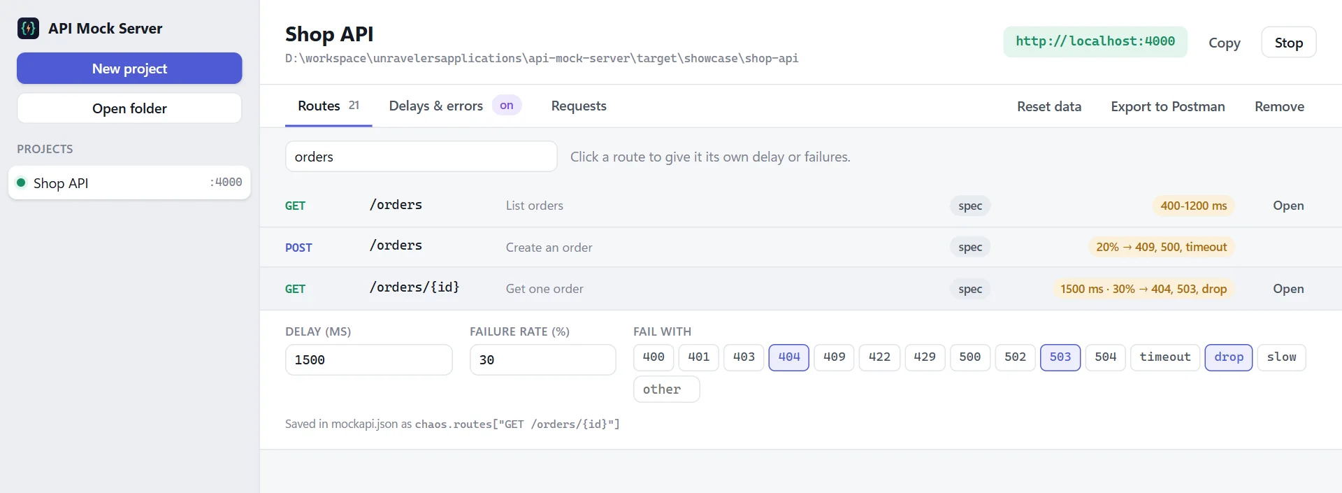 The rule for one route: a 1.5 second delay, and 30% of requests fail with 404, 503 or a dropped connection