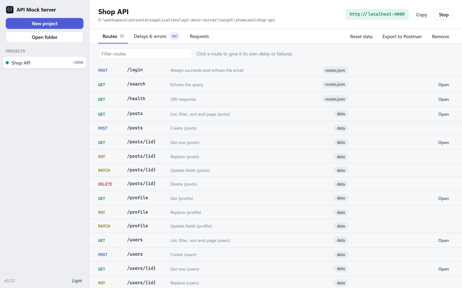Every route listed with its source, from data files, routes.json and an OpenAPI file