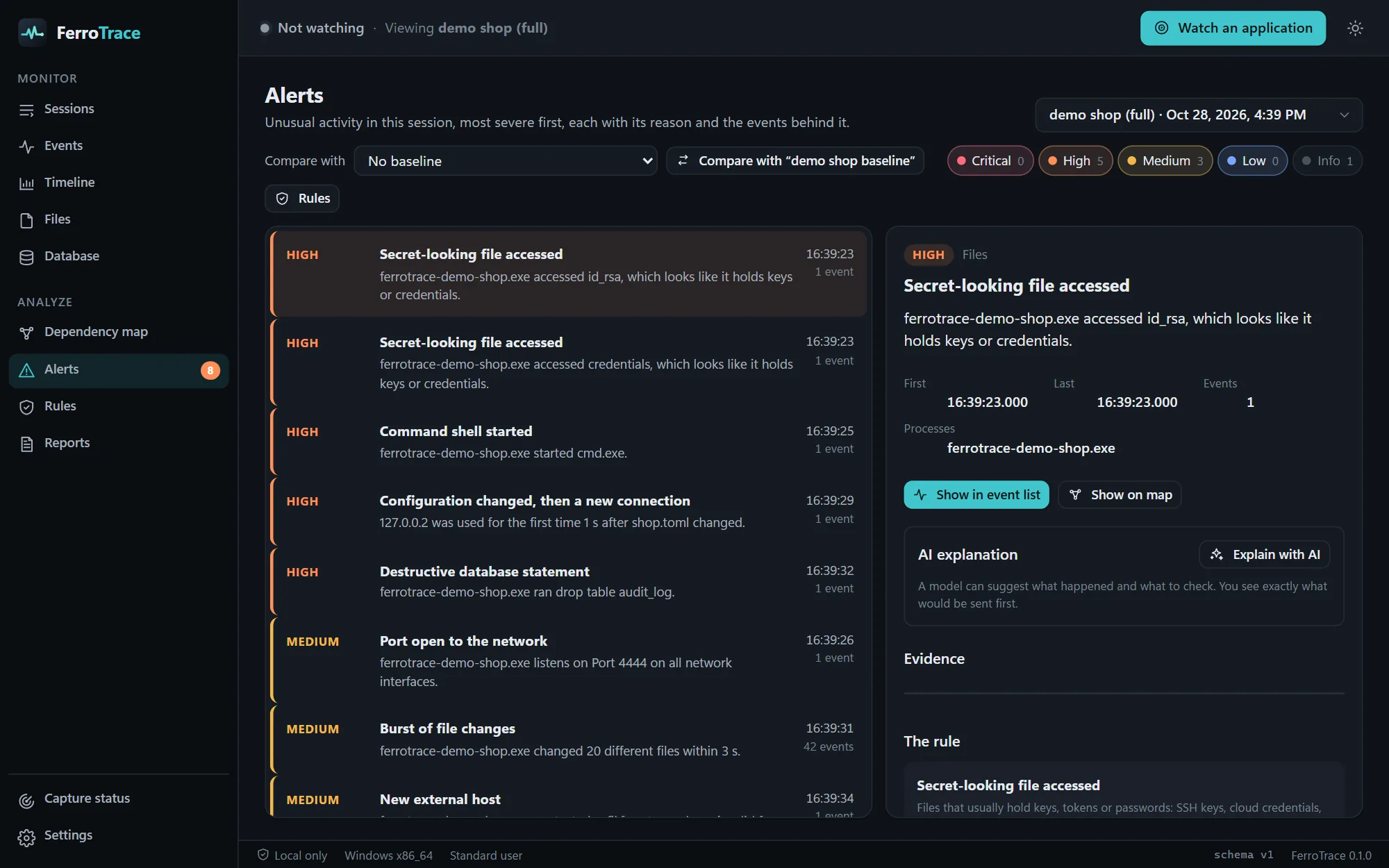 FerroTrace in dark mode listing alerts for the demo app, with a secret-looking file read selected and its evidence and rule shown