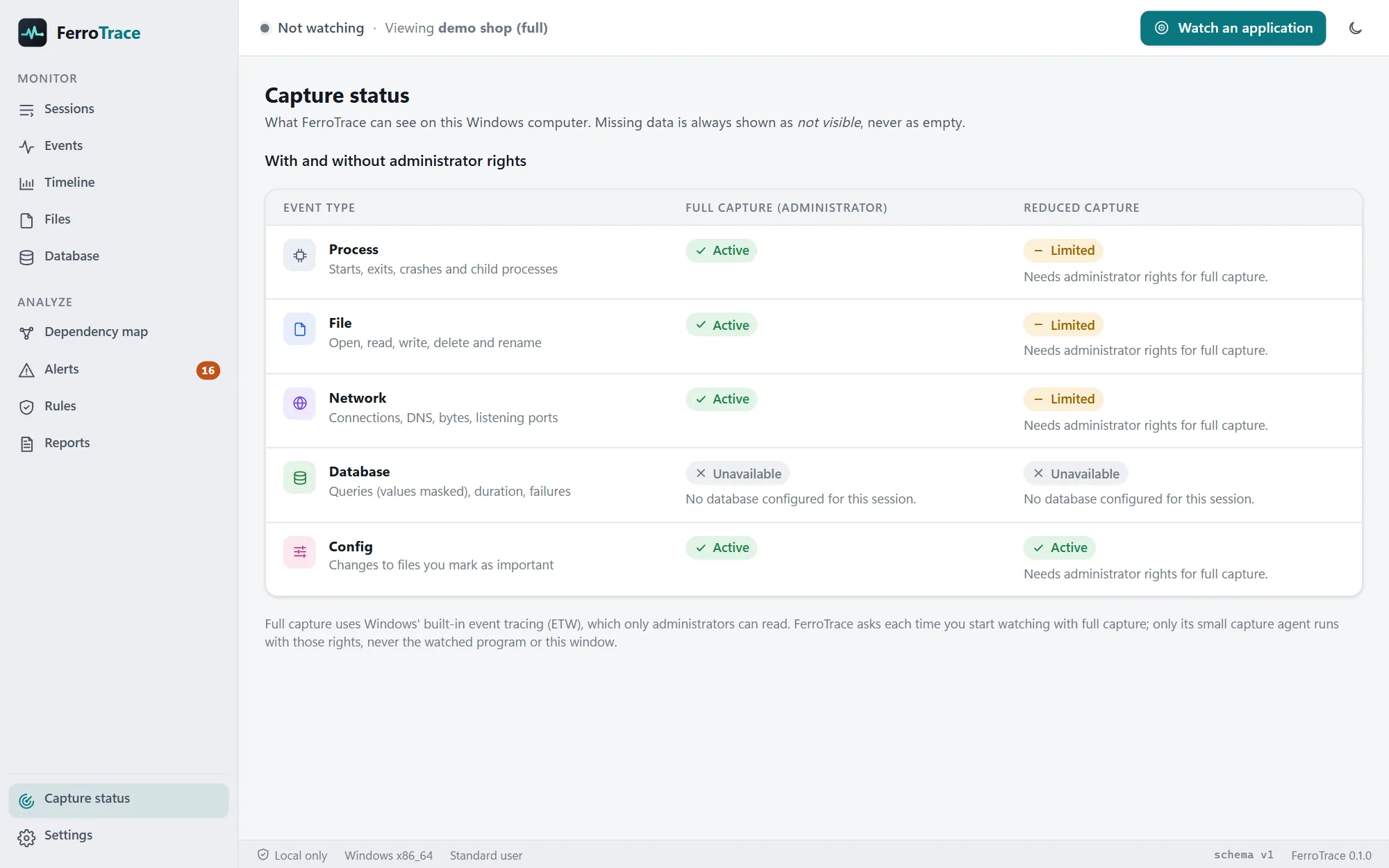 The capture status page: what FerroTrace sees for processes, files, network, databases and configuration with and without administrator rights