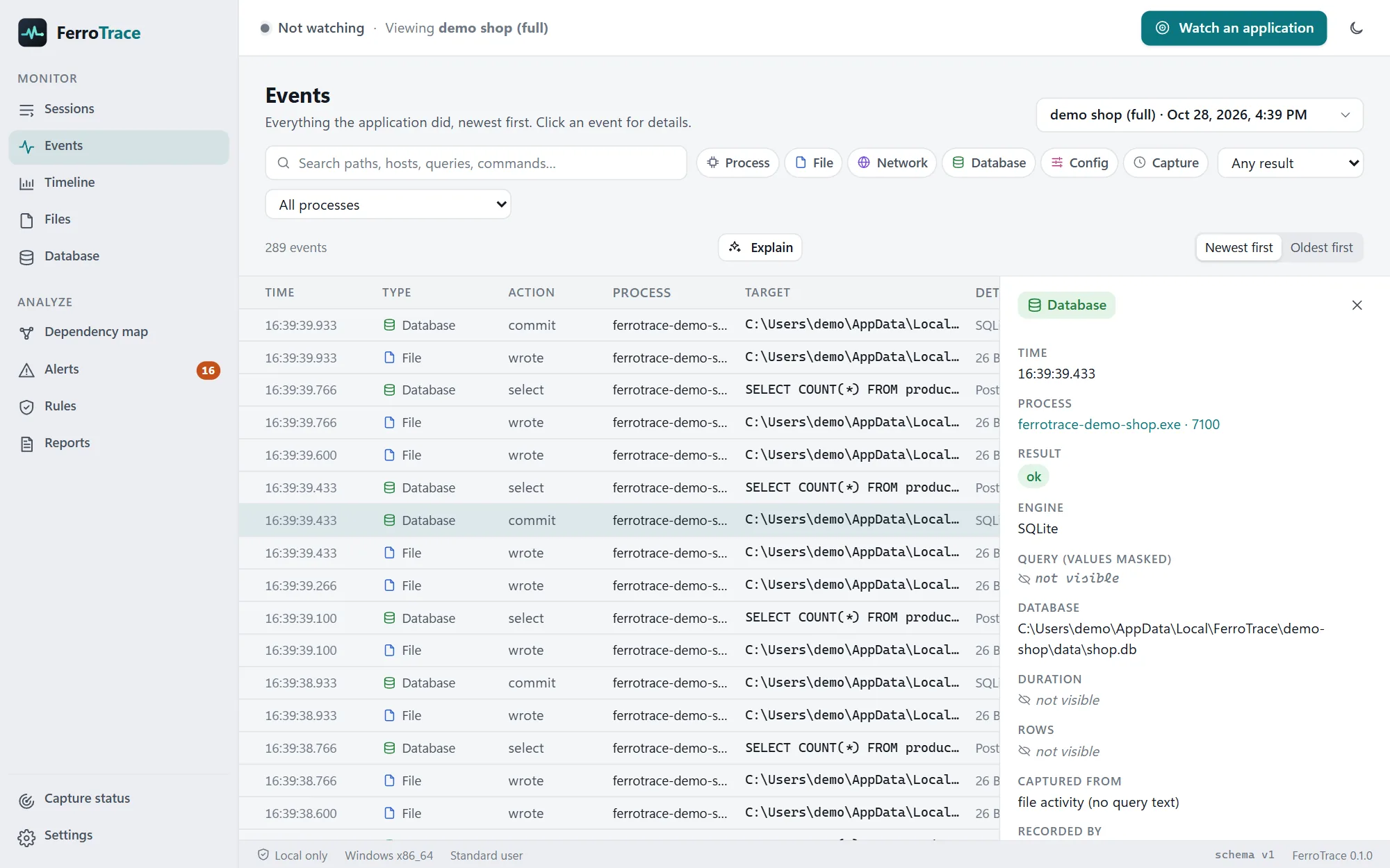 The events list with a SQLite database event open, showing its process, engine, database file and where it was captured from