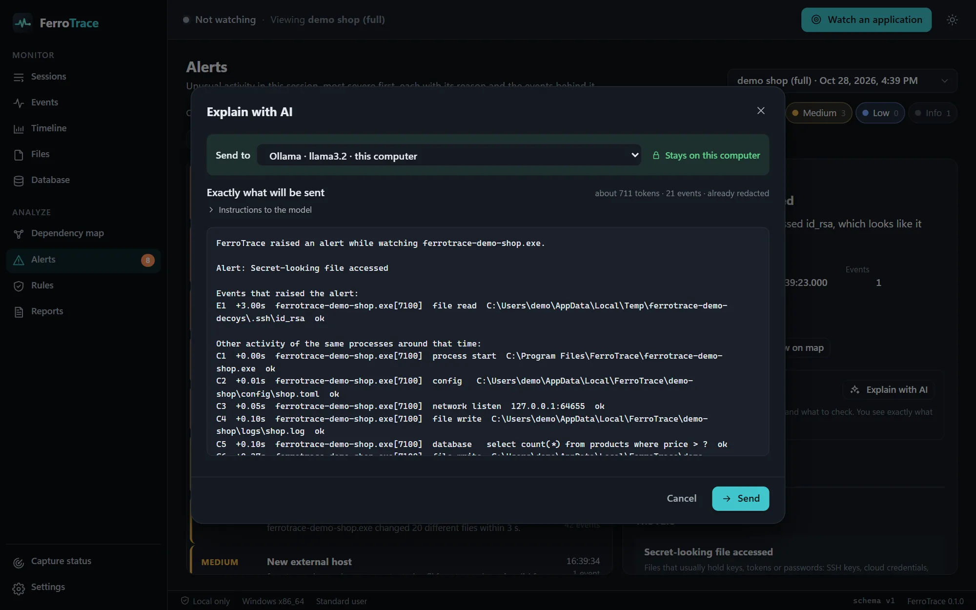 The Explain with AI dialog in dark mode: sending to Ollama llama3.2 on this computer, with the exact masked text that will be sent
