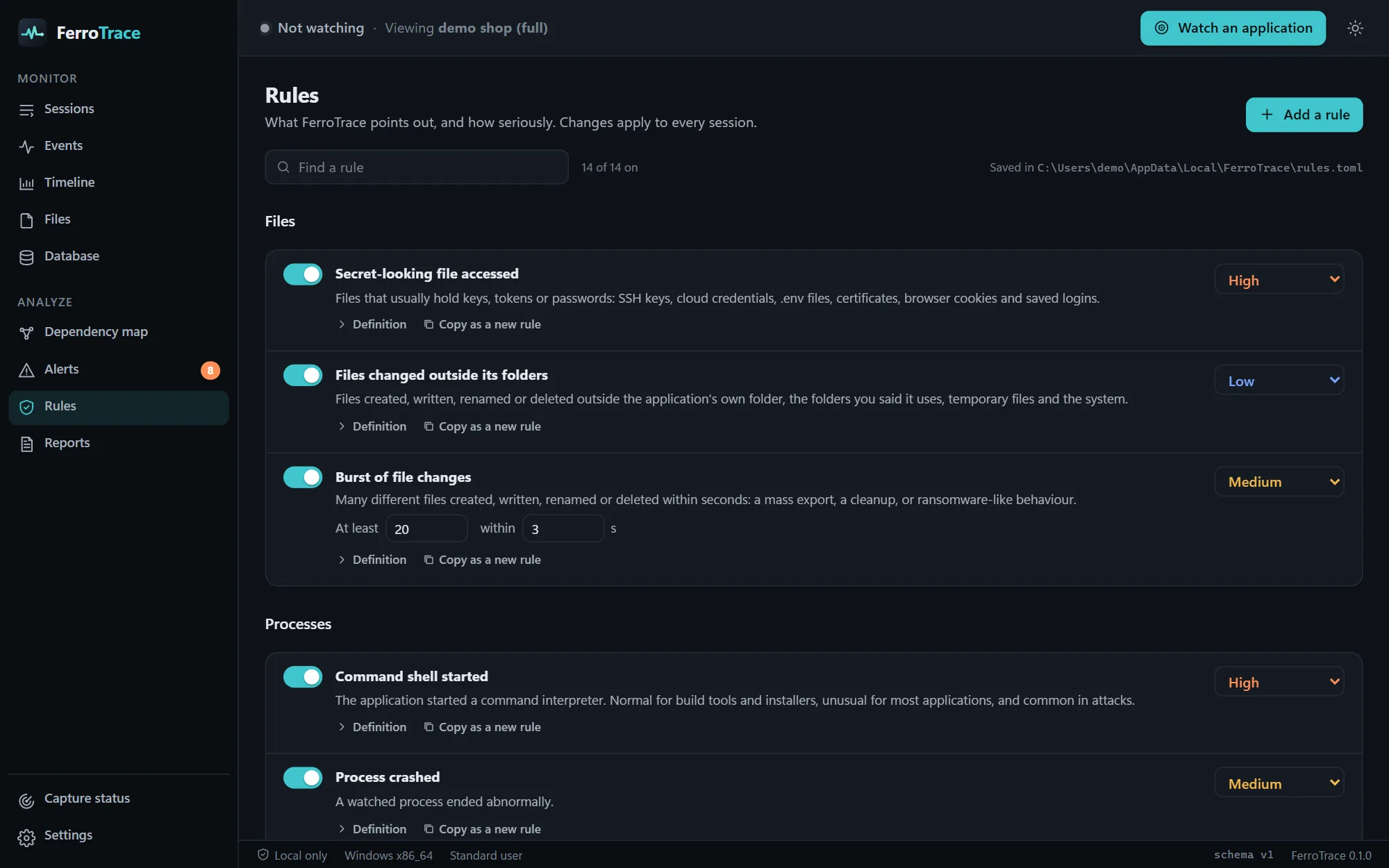 The rules page in dark mode: file, process and network rules with switches, severities and thresholds