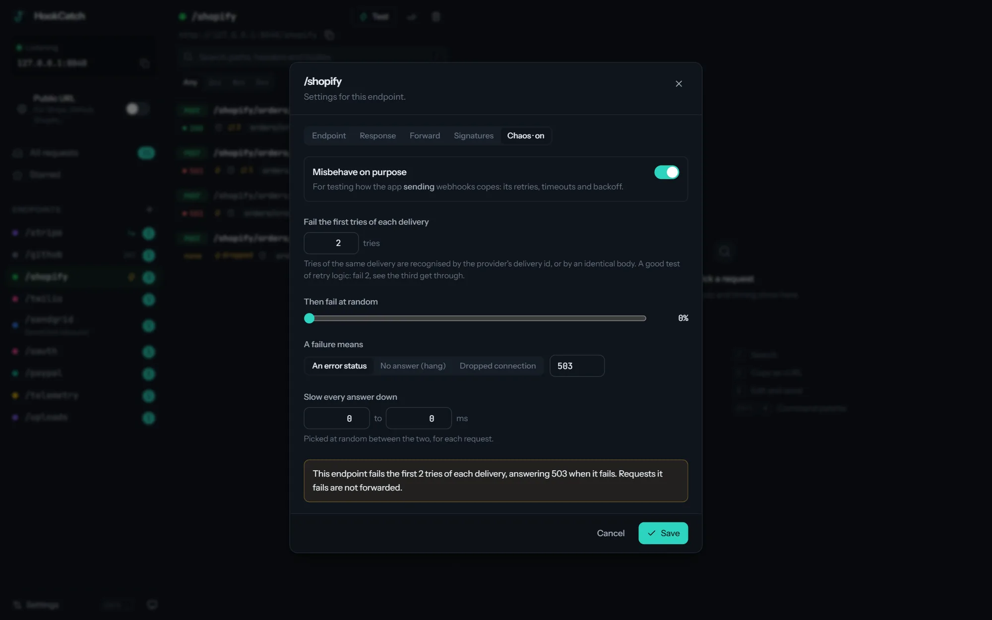 The chaos settings for the /shopify endpoint: fail the first 2 tries of each delivery with a 503