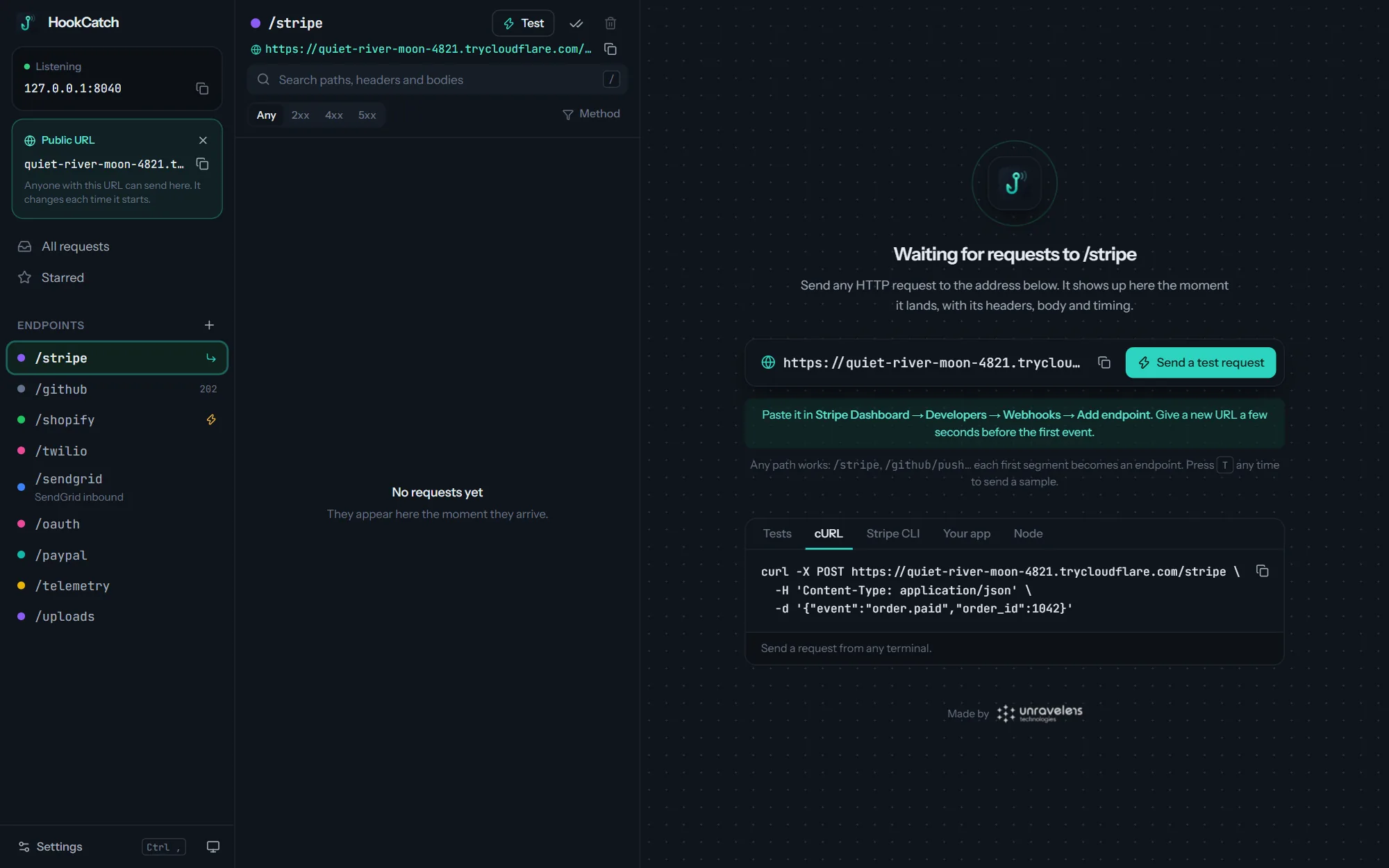 HookCatch in dark mode with a public trycloudflare.com URL switched on, waiting for the first request to /stripe