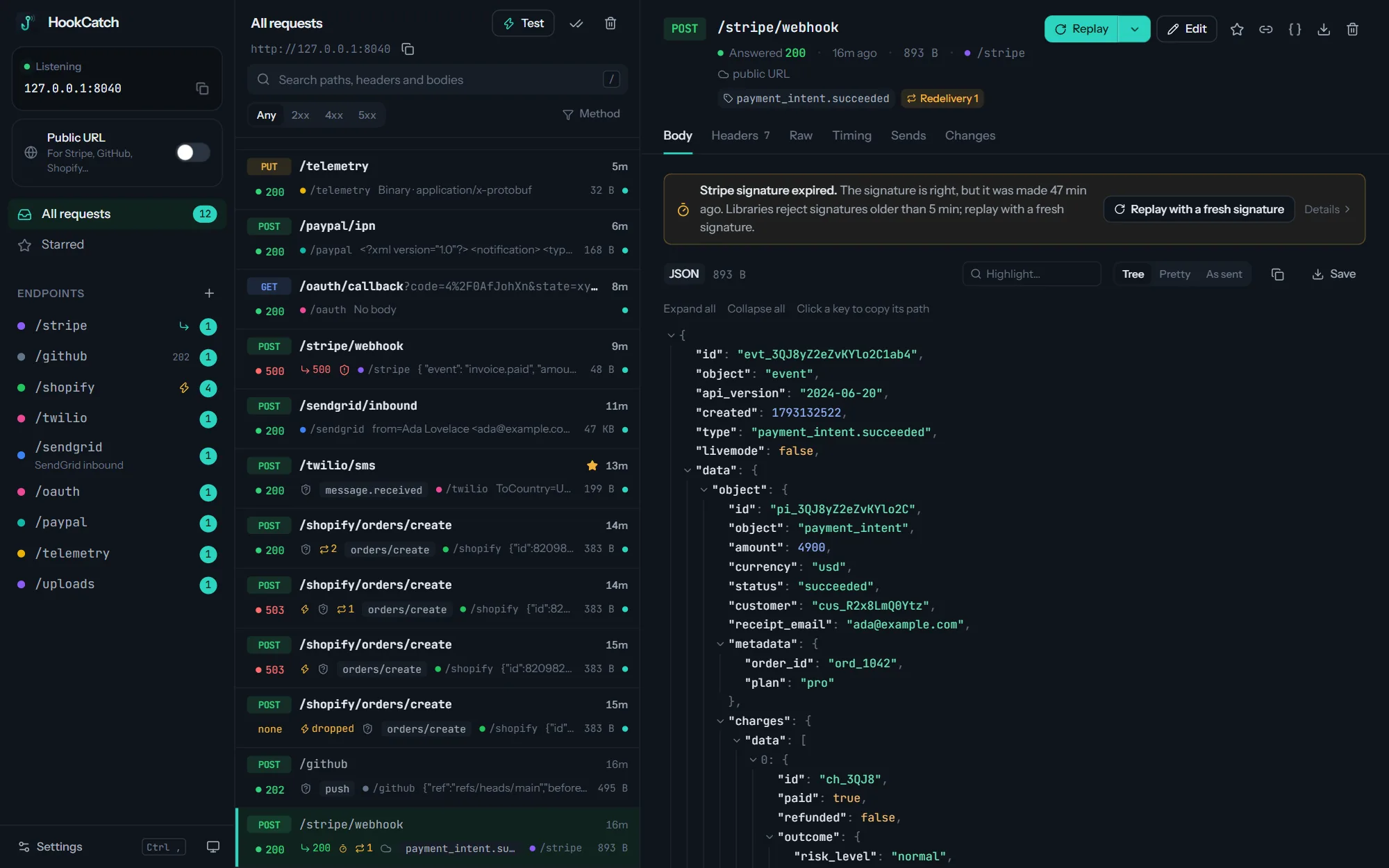 HookCatch in dark mode explaining that a Stripe signature has expired, with a button to replay it with a fresh signature