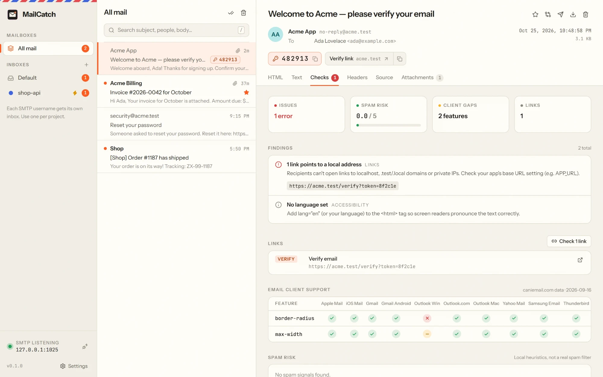 The MailCatch Checks tab: a localhost link flagged as an error, a spam-risk score, and a table of email-client support
