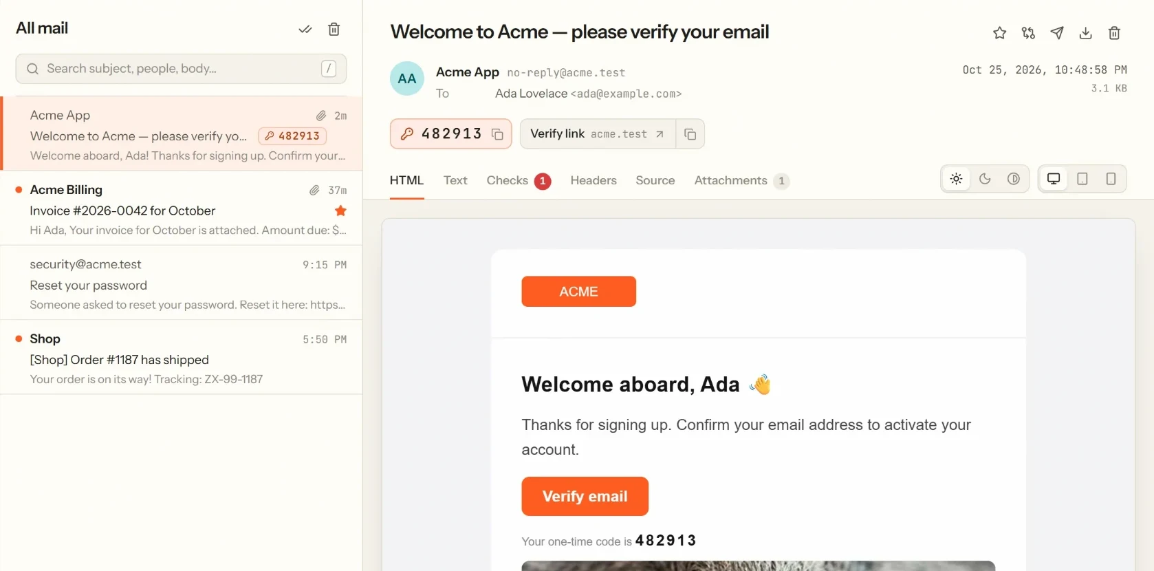 MailCatch showing a one-time code next to the message in the list, with buttons to copy the code and open the verify link