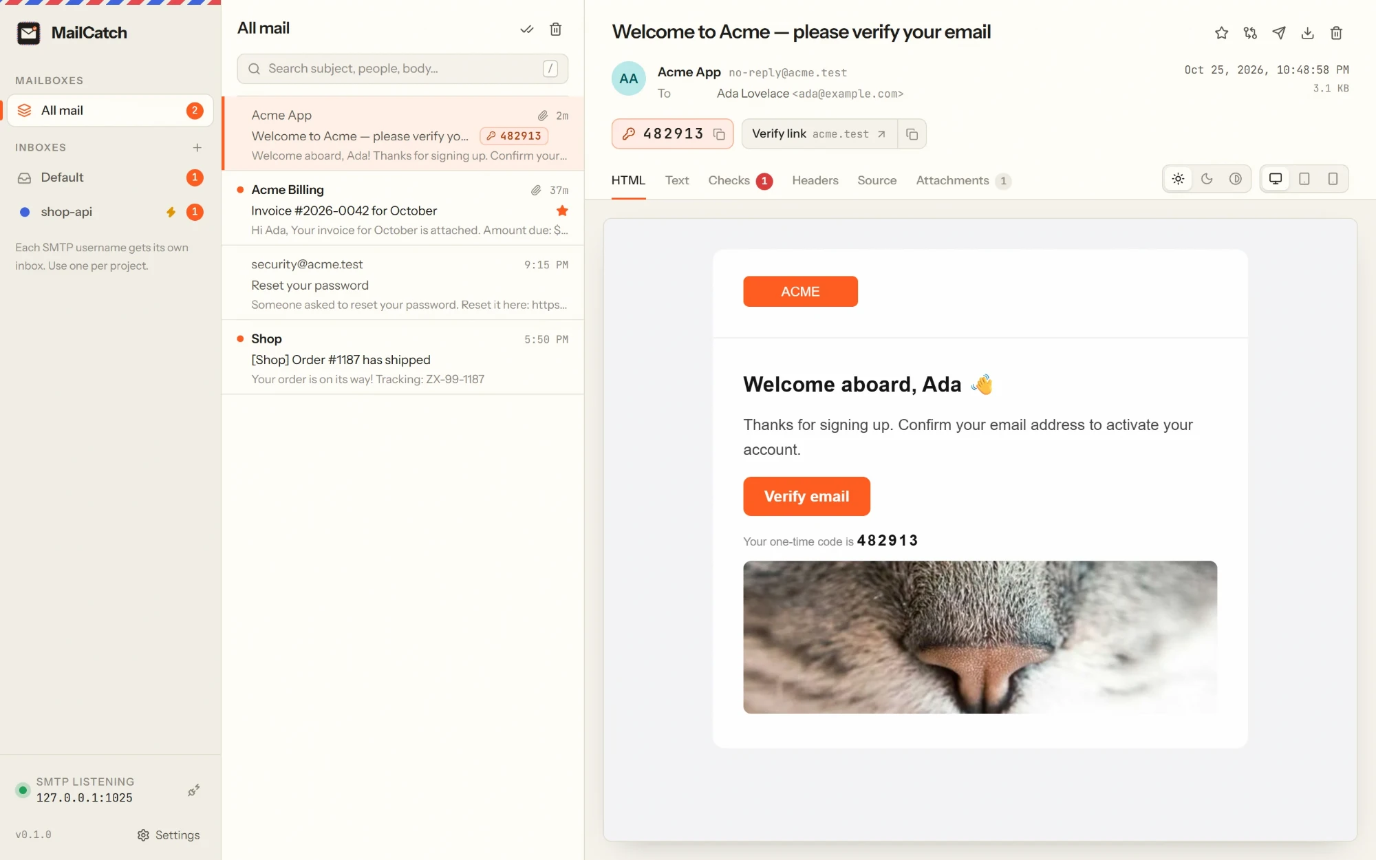 MailCatch showing a captured welcome email, with its one-time code and verify link one click away