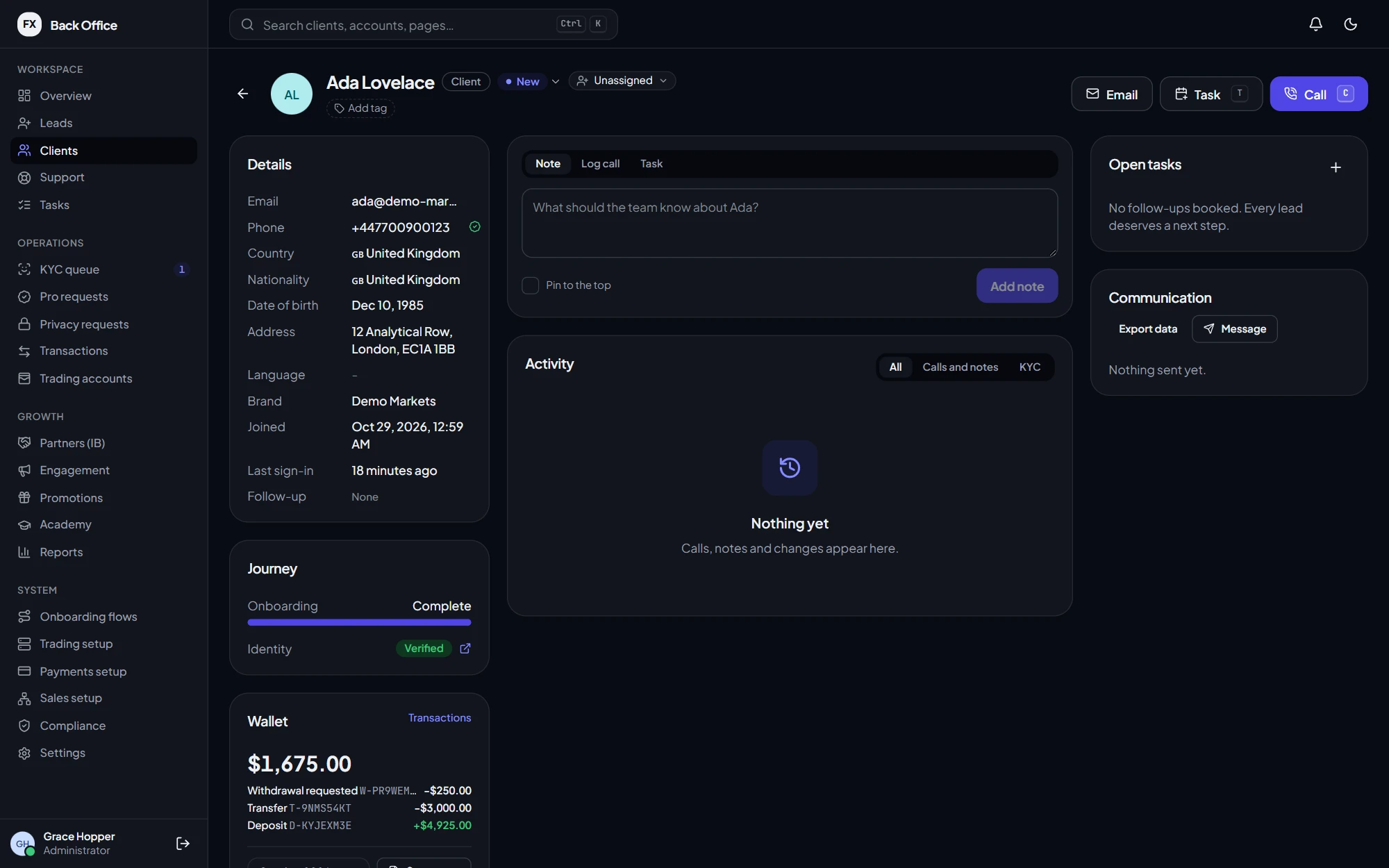 Client 360 in dark mode: the client's details, journey, wallet, notes, activity, open tasks and communication