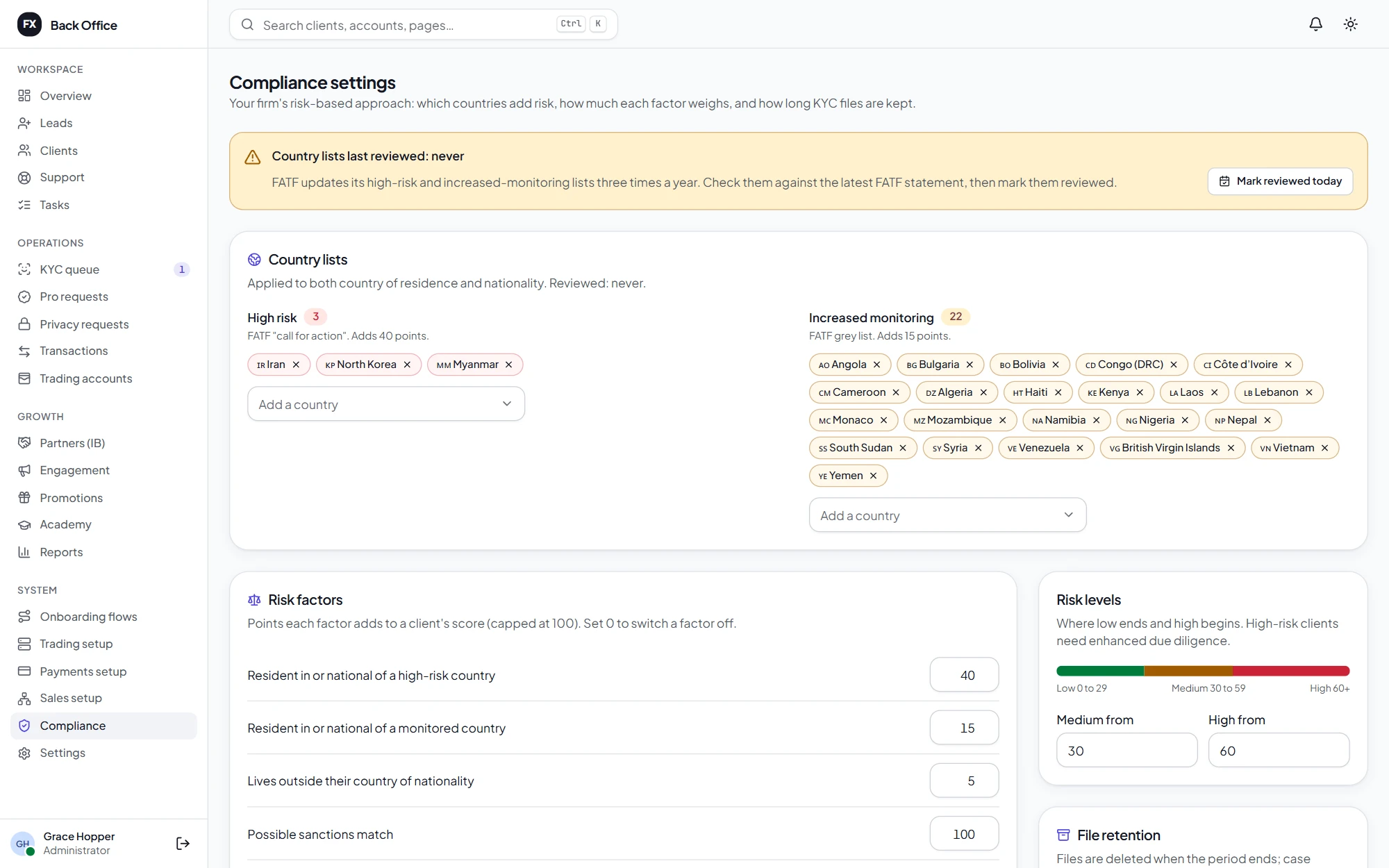 Compliance settings: high-risk and increased-monitoring country lists, risk factor weights and the score bands for low, medium and high risk