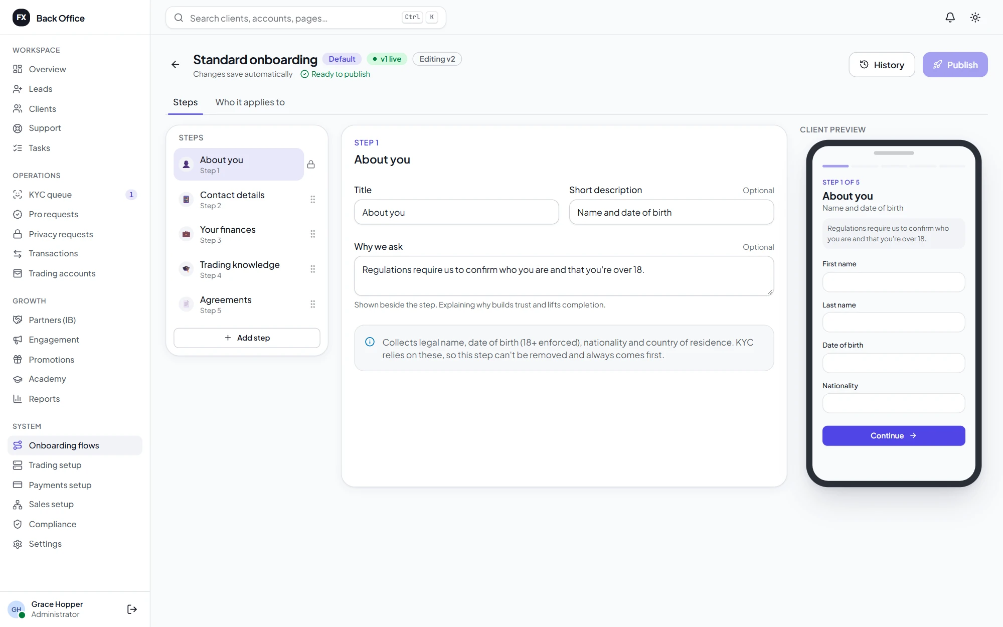 The onboarding flow editor: the steps of the standard flow, the selected step's settings and a live phone preview of what the client sees