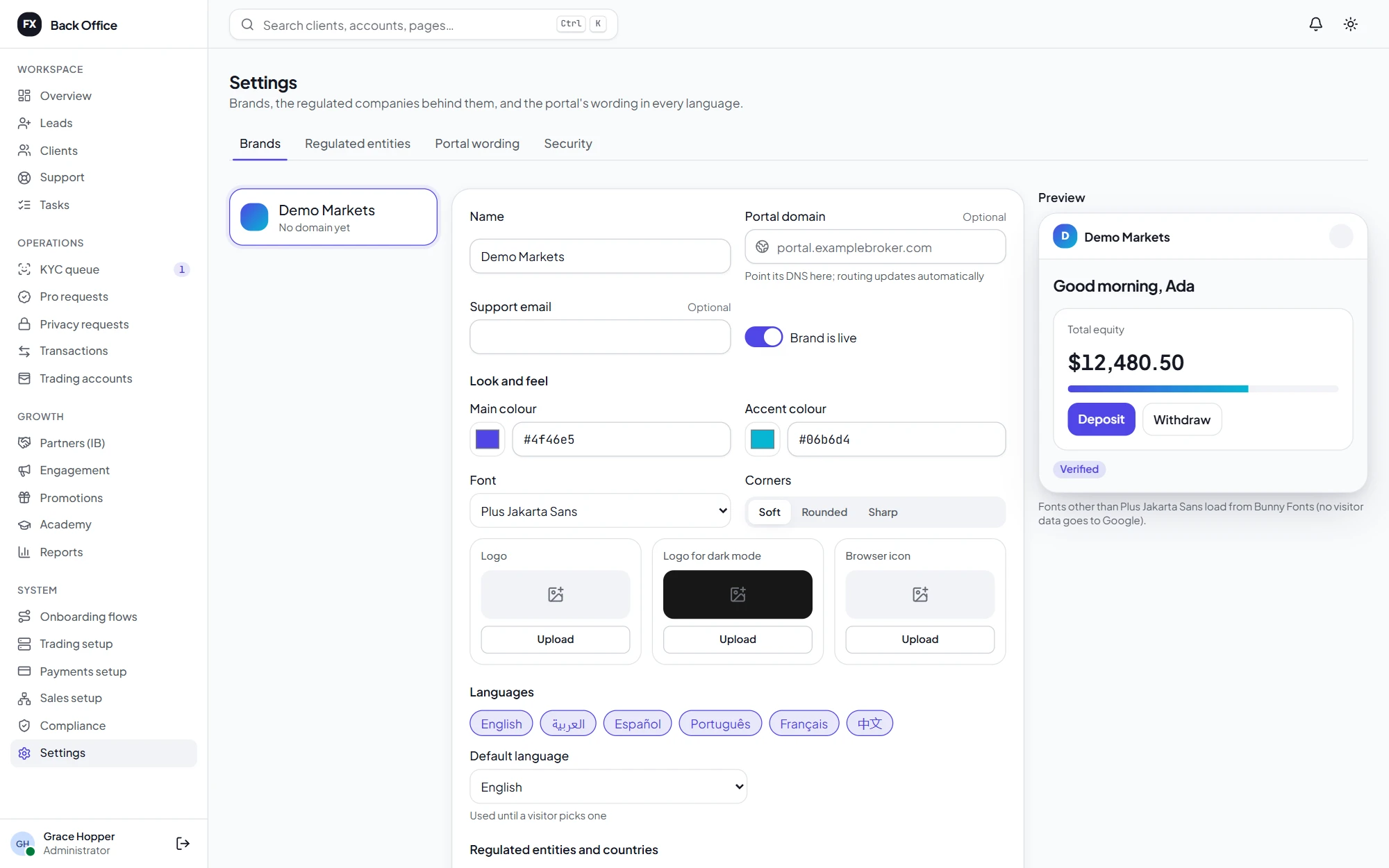 Brand settings in the back office: name, domain, colours, font, corners, logos and languages, with a live preview of the portal