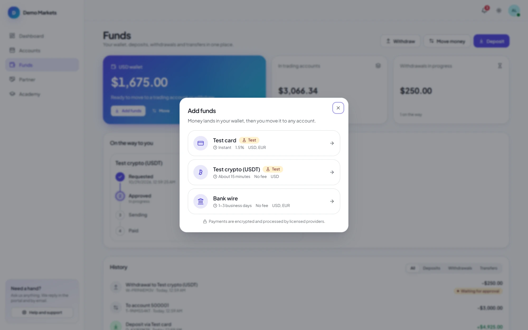 The Add funds dialog, listing card, crypto and bank wire with their timing, fees and currencies
