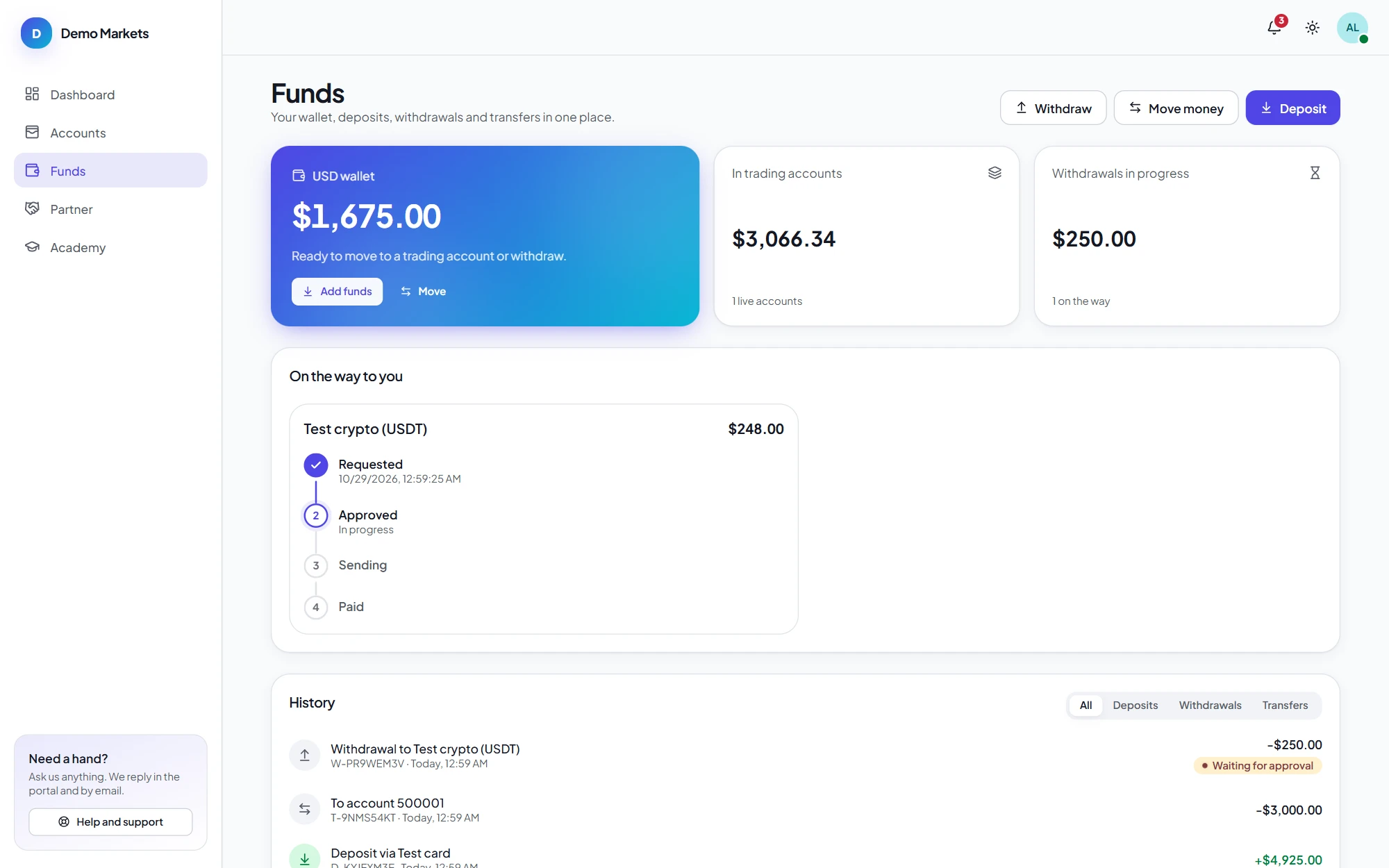The Funds page: the USD wallet, money in trading accounts, a withdrawal on its way with its status timeline, and the history
