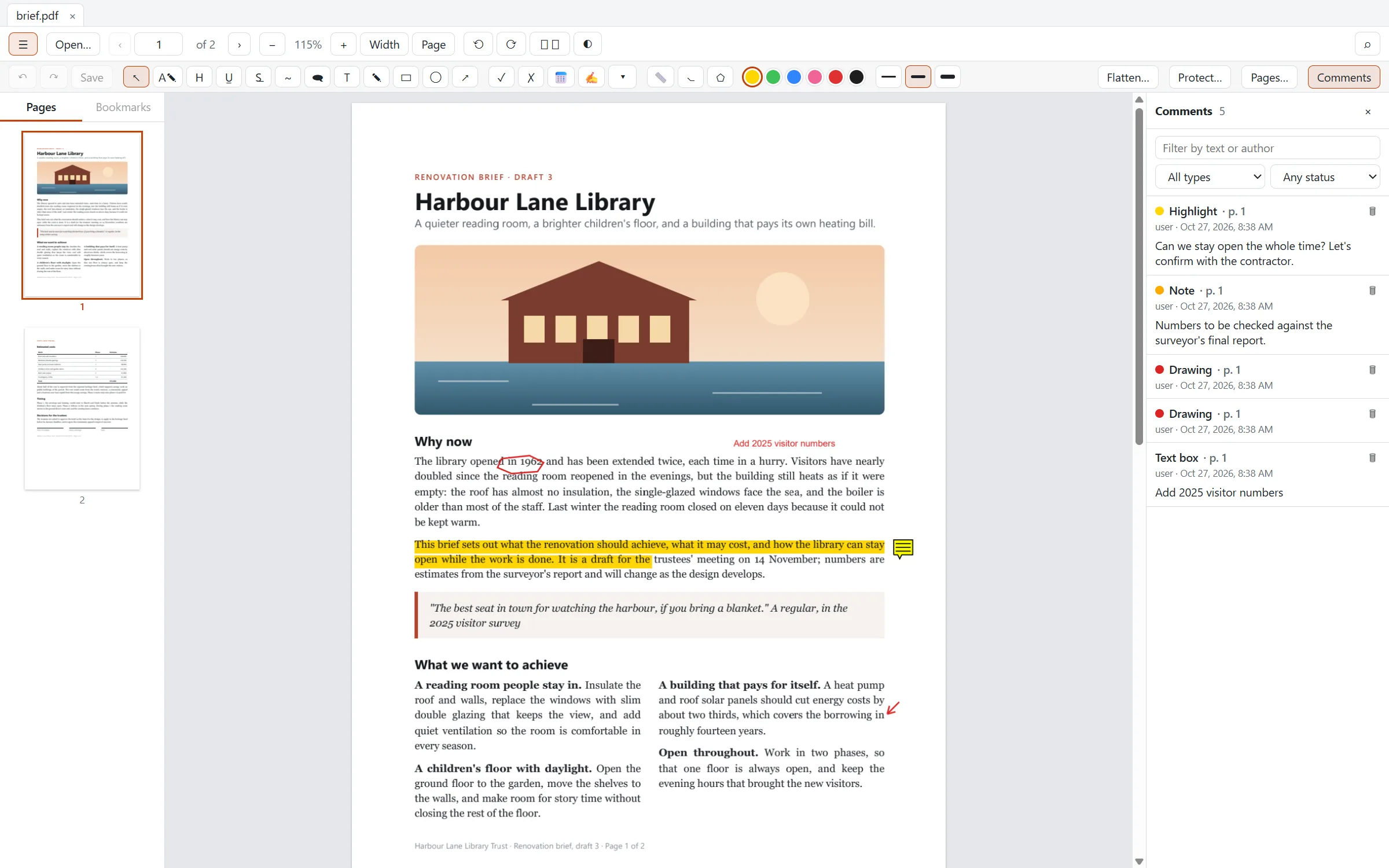 A PDF with highlights, a sticky note and arrows, and the comments panel listing them with replies