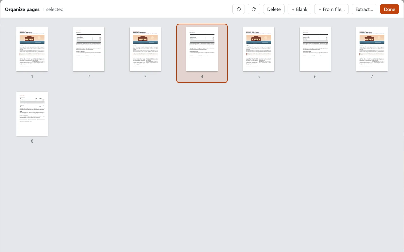 The page organizer, with page thumbnails being dragged into a new order