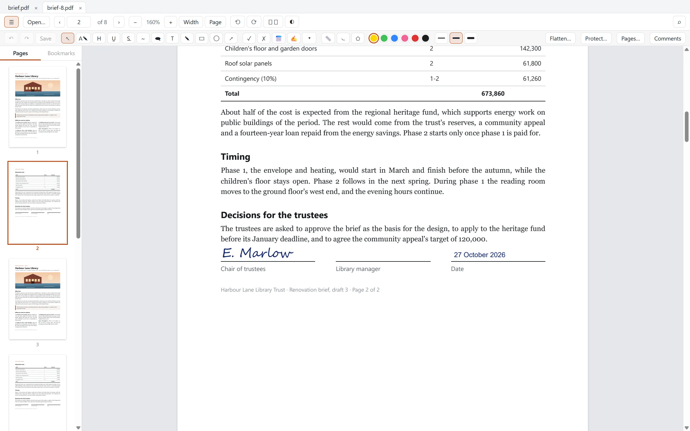 A form being filled in, with a drawn signature placed on the signature line