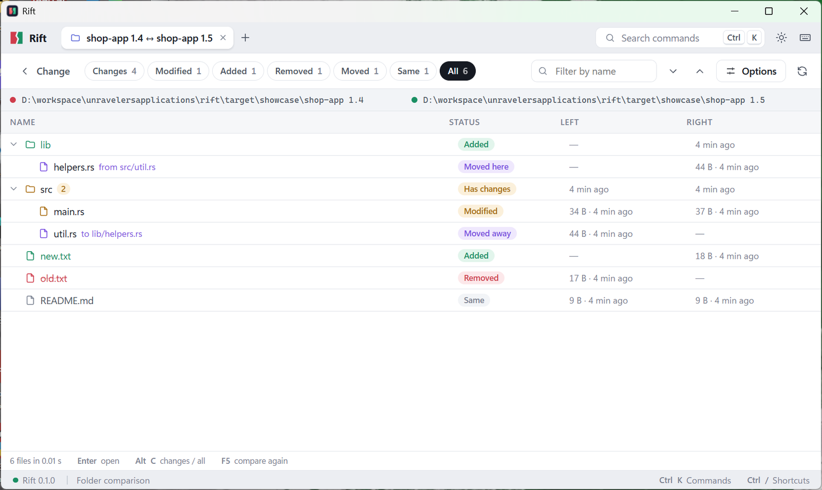 Rift folder comparison listing every file with its status and quick filters