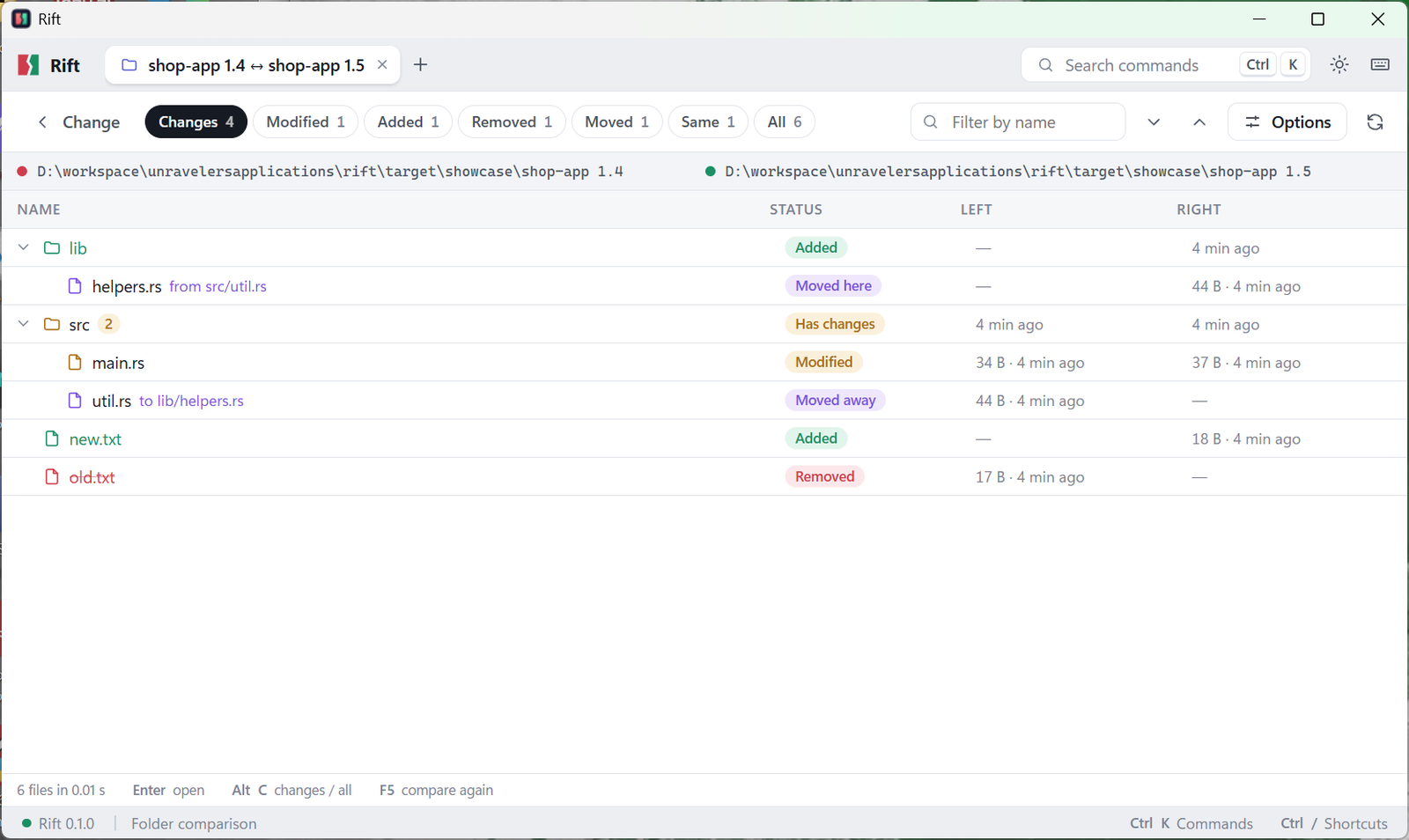 Rift comparing two versions of a project: modified, added, removed and moved files at a glance